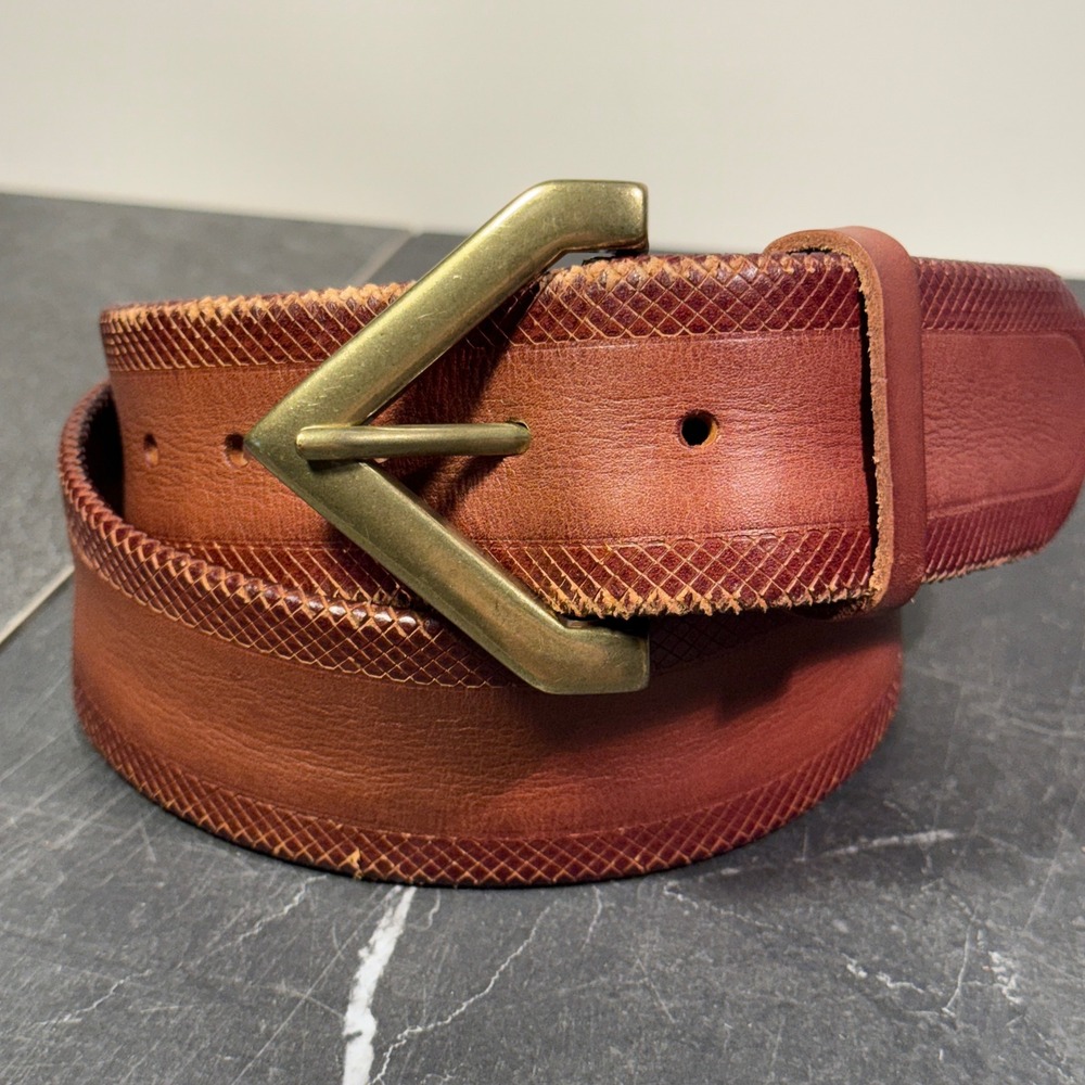 Vintage Belt Linea Pelle Brown Embossed Leather Brass V Buckle | 32W, Size 14